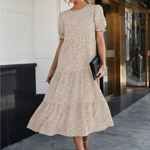 Tiered Beige Leopard Print Midi Dress with Puff Sleeves